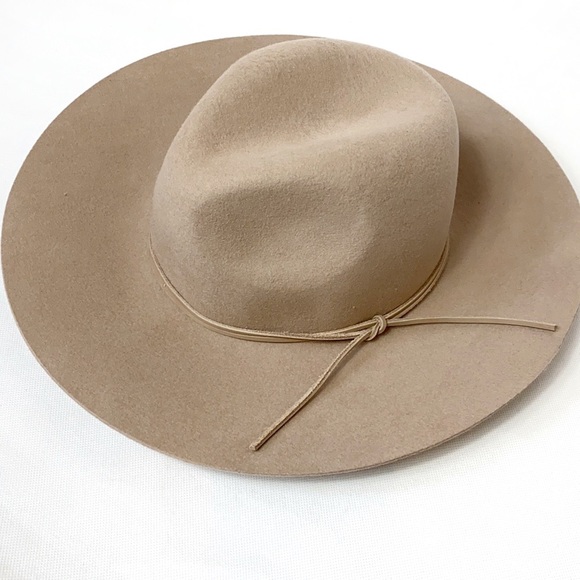 Phenix Accessories - Phenix beige wide brim floppy wool hat leather tie